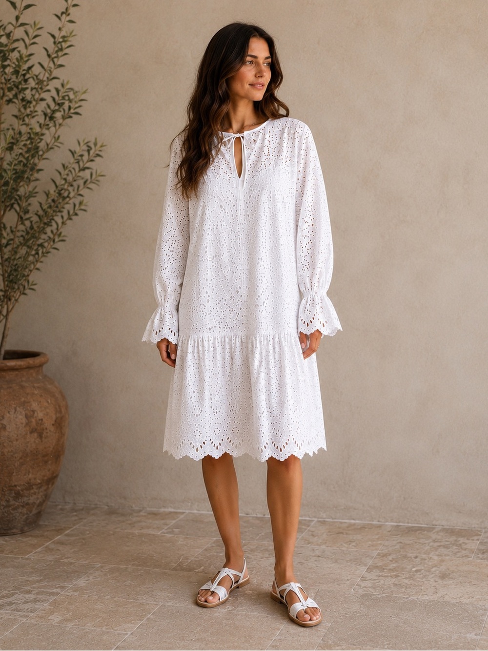 GOLD HAWK White Eyelet Long Sleeve Drop Waist Tie Front Ruffle Cuffs Slip Lining